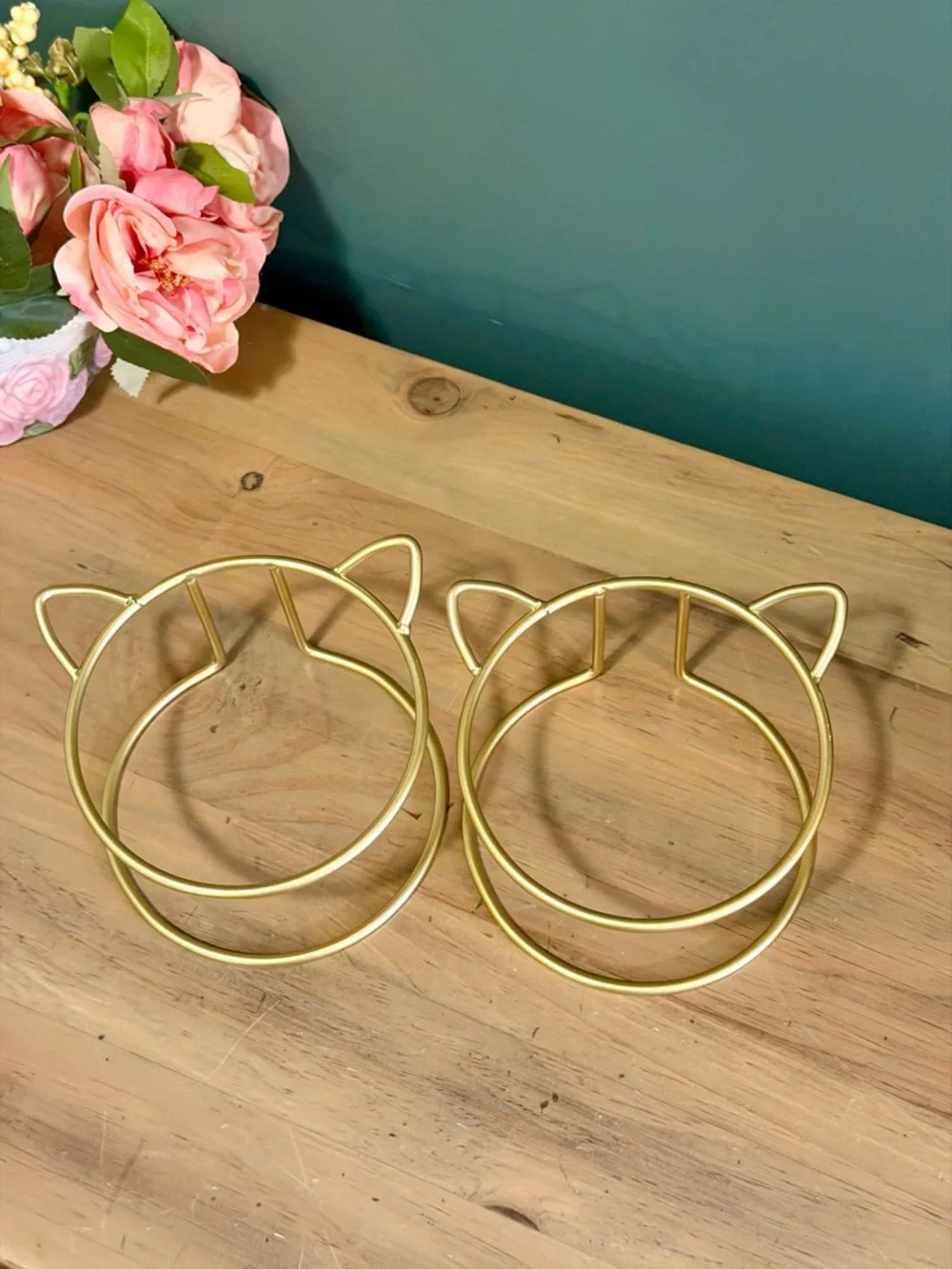 Gold Cat Ear Bowl Stand Set Pet Feeder Planter Holder Cute Metal